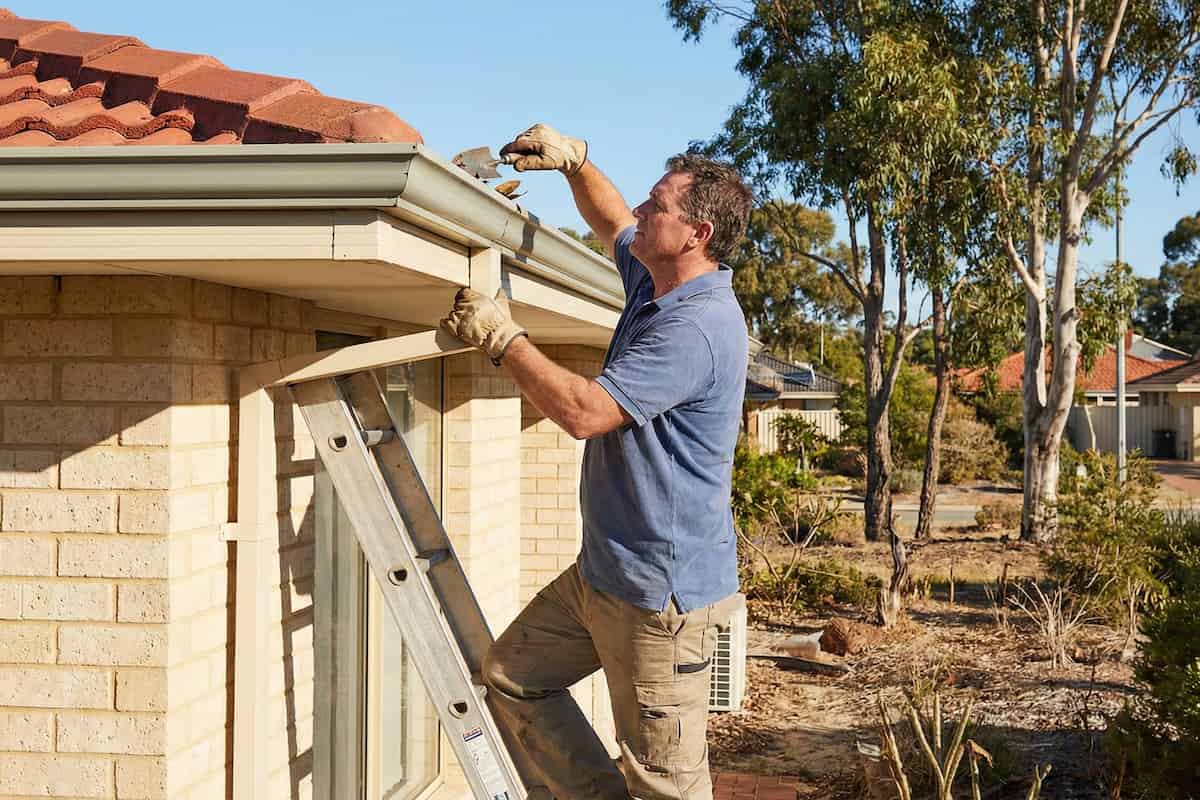 Downpipe cleaning on a Perth suburban home with debris being removed from roof gutter system.